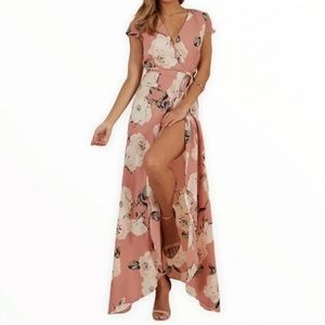 Floral Wrap and Cross Maxi Dress with Short Sleeves